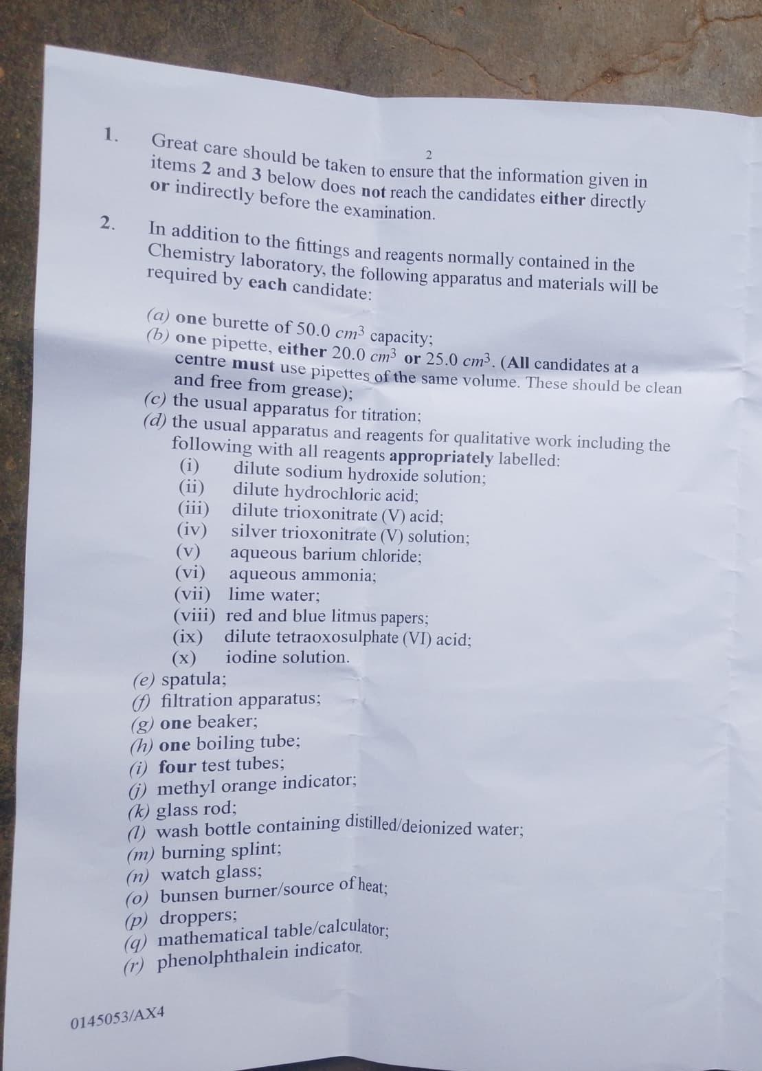 WAEC 2026 Chemistry Practical Instruction 2