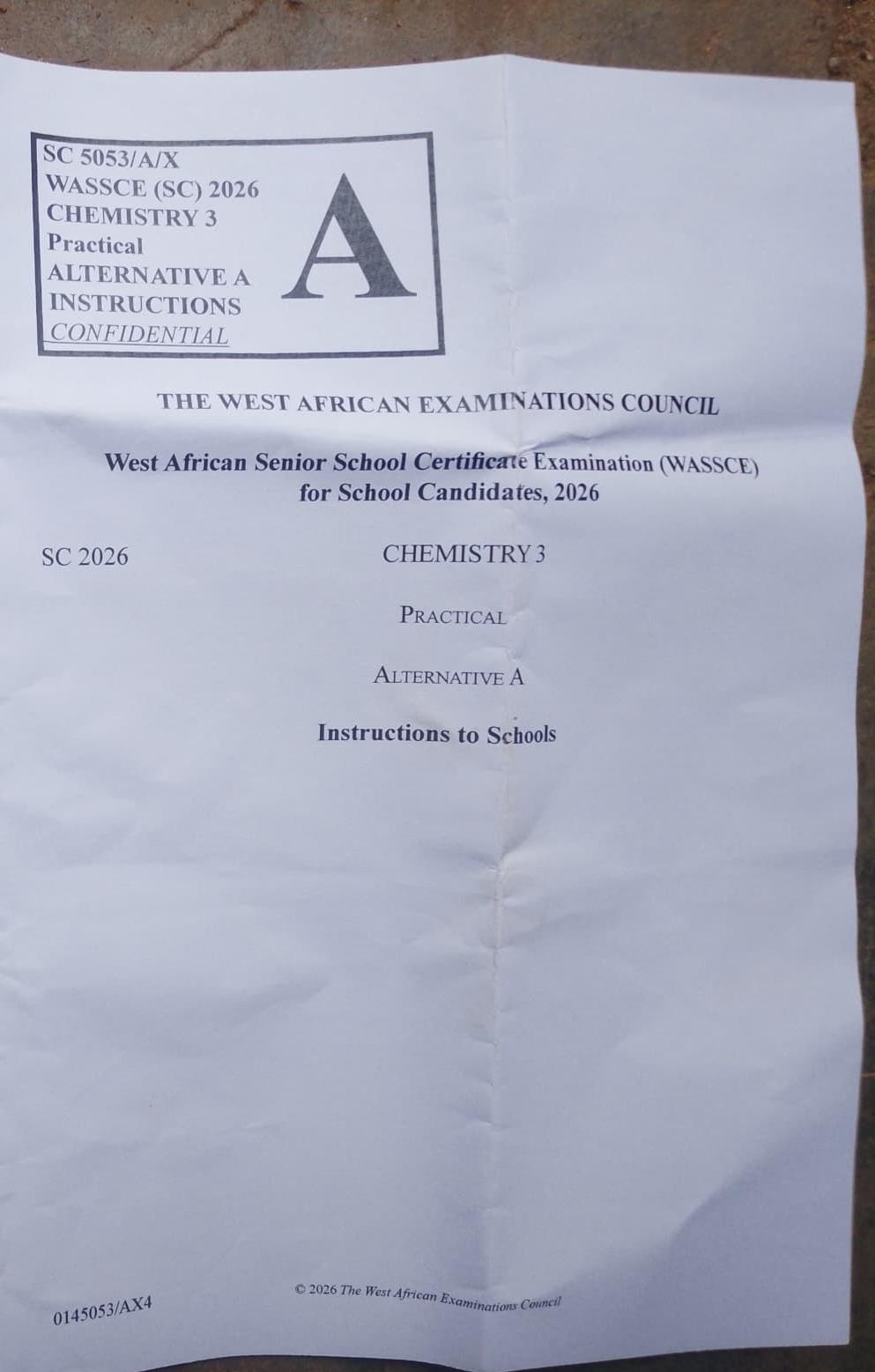 WAEC 2026 Chemistry Practical Instruction 1